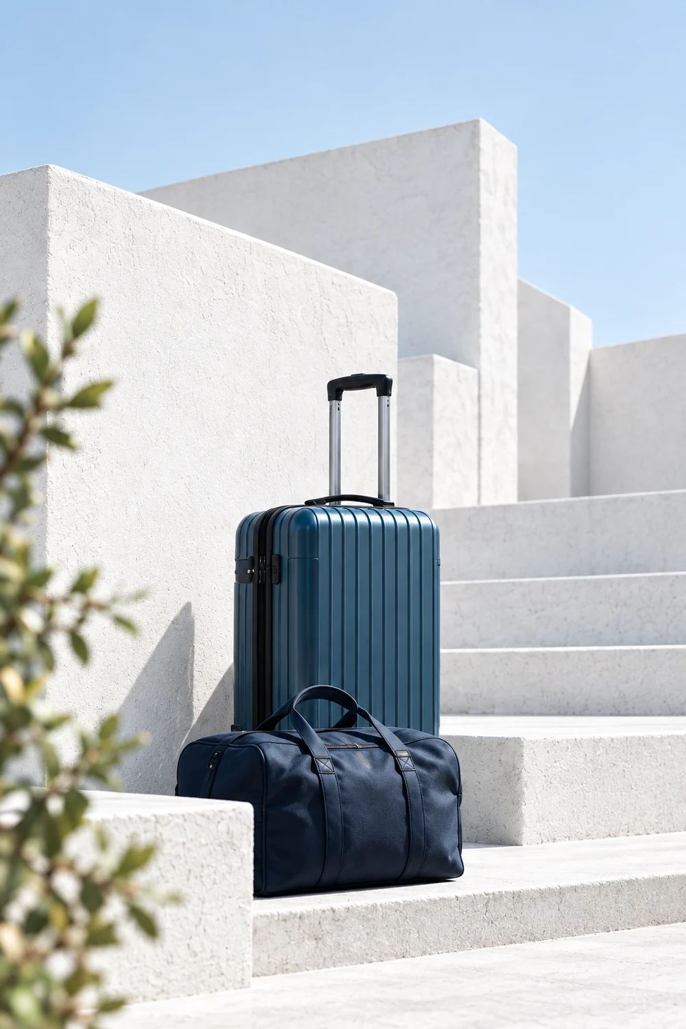 Illustrative blue suitcase and travel bag beside white steps.