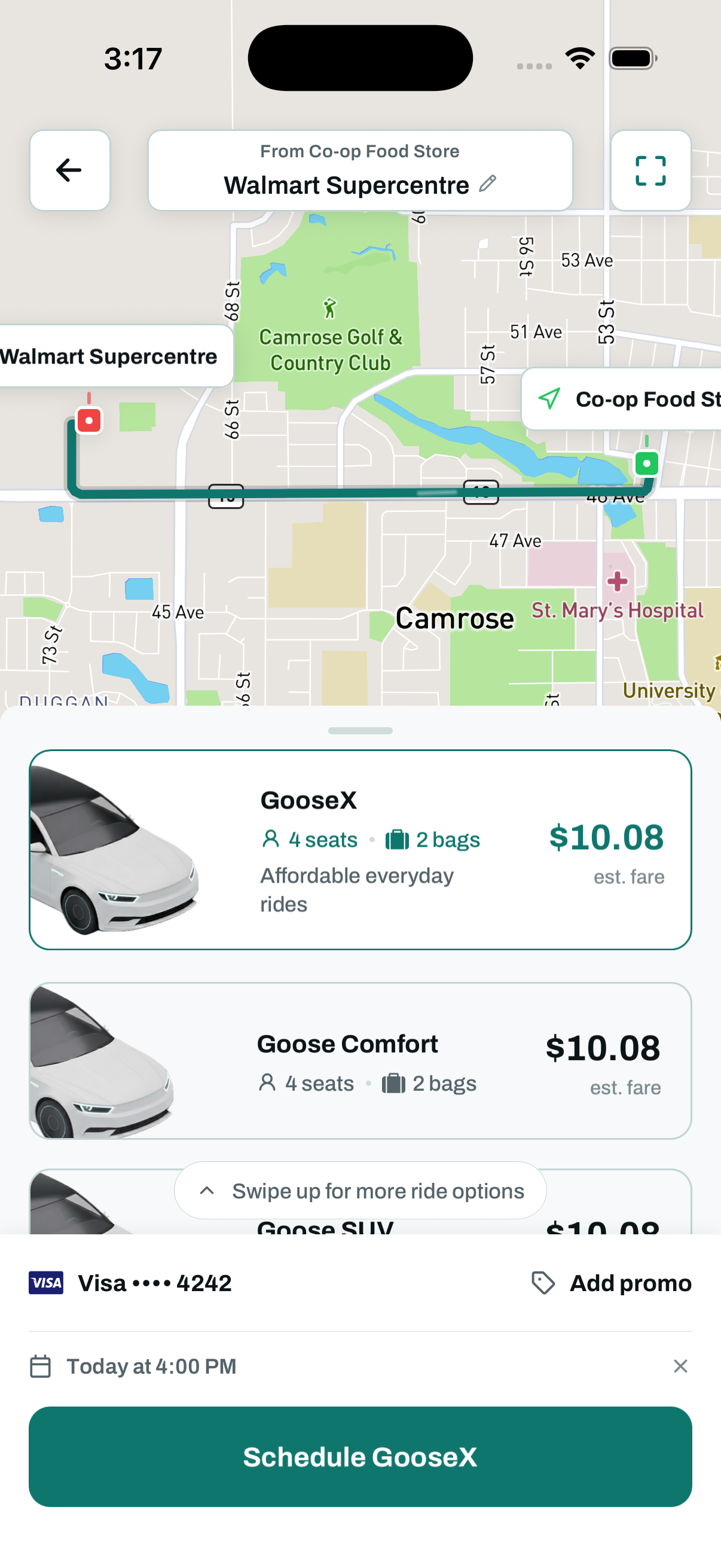 GooseCabs app showing an example Camrose route and fare before booking.