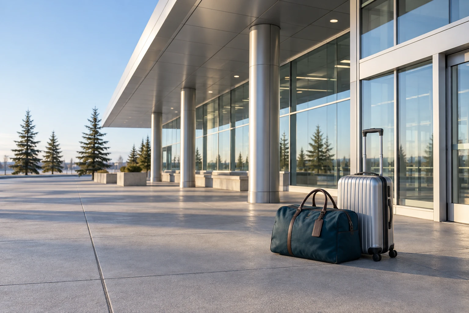 Illustrative silver suitcase and blue travel bag at an airport entrance.