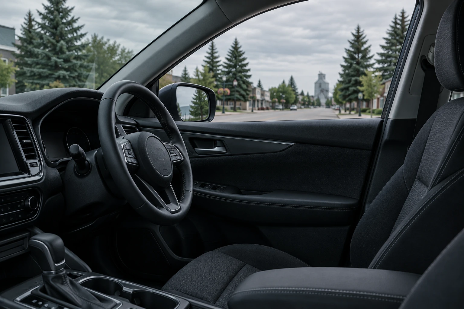 Illustrative view of an empty driver’s seat and steering wheel.