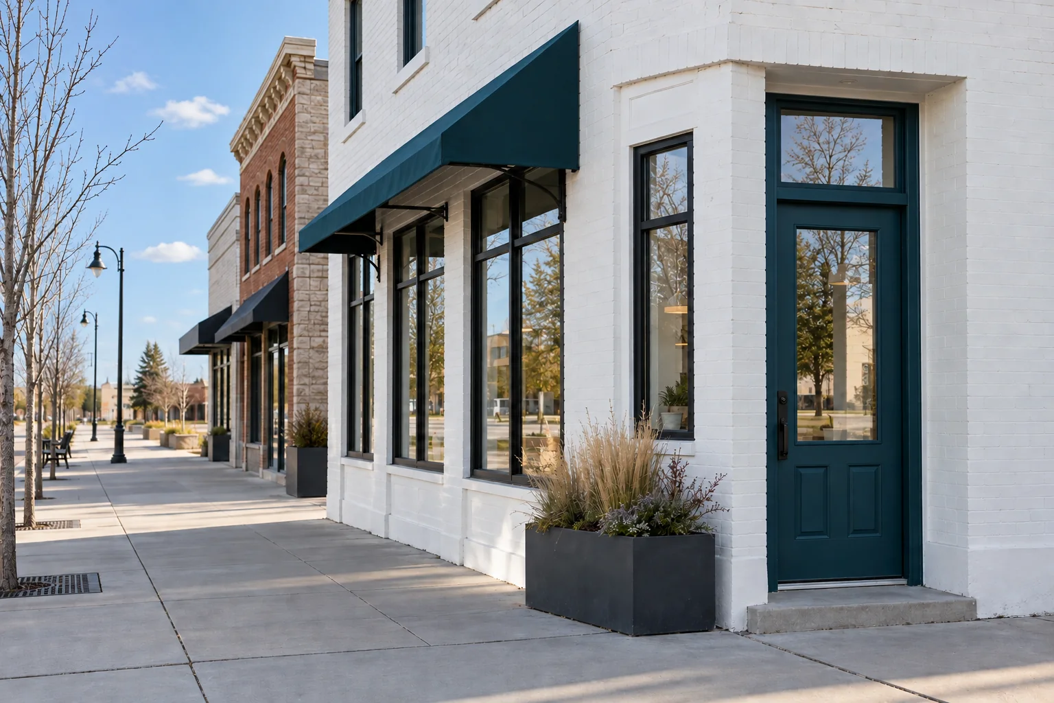 Illustrative prairie-town storefront with white brick and a deep teal entrance.
