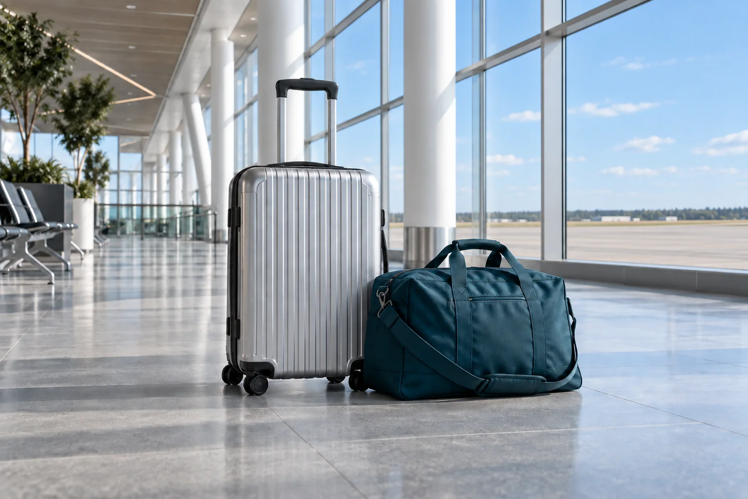 Illustrative airport concourse with a suitcase and teal holdall ready for travel.