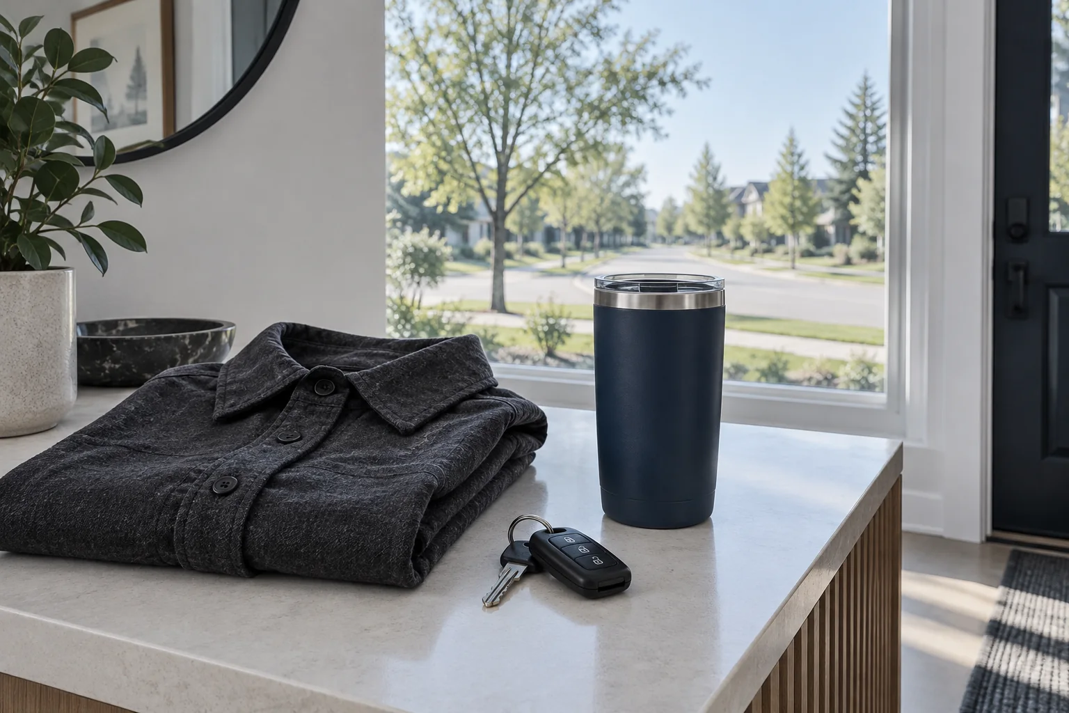 Illustrative driver preparation scene with keys, a travel mug and a folded shirt by a window.