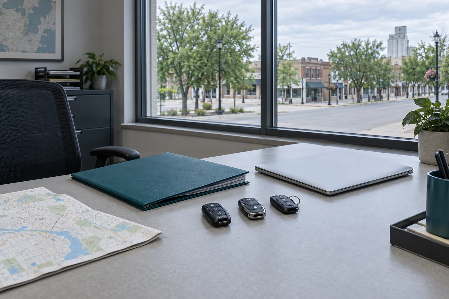 Illustrative workspace with vehicle keys and a map.