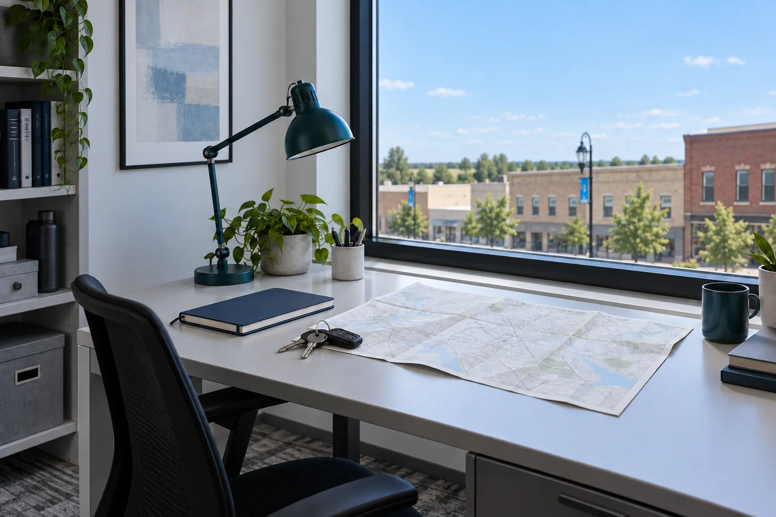 Illustrative operations workspace with keys, a paper map and a view of low-rise buildings.